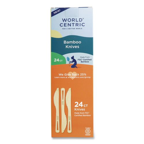 World Centric Bamboo Cutlery, Medium Heavyweight, Knife, Paper, Natural, 24/Pack