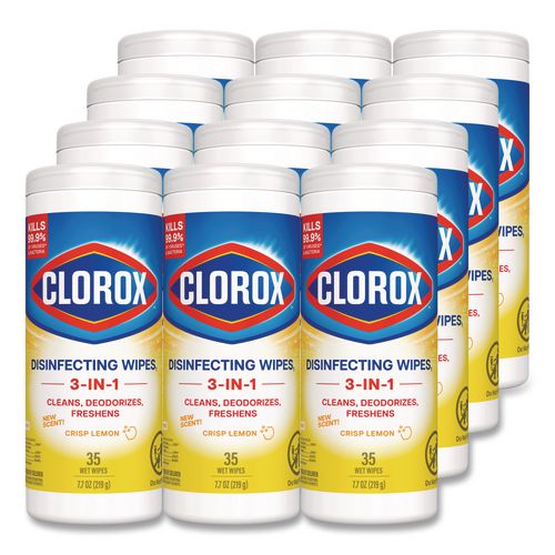 Clorox Disinfecting Wipes, Bleach Free Cleaning Wipes, 1-Ply, 7 x 8, Crisp Lemon, White, 35/Canister, 12 Canisters/Carton