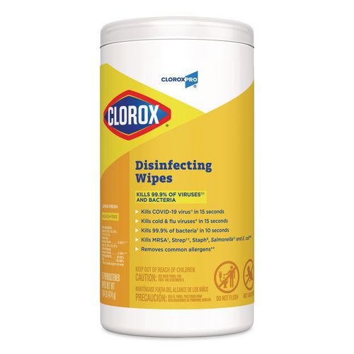 Clorox CloroxPro Disinfecting Wipes, 1-Ply, 7 x 8, Lemon Fresh, White, 75/Canister