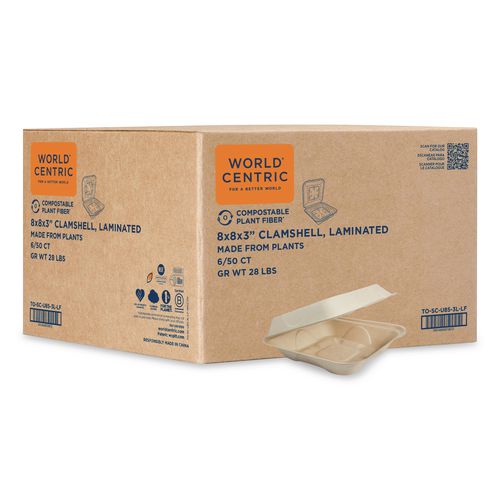 World Centric Fiber Hinged Takeout Containers, 8.2 x 8.8 x 2.9, Natural, Sugarcane Fiber, 300/Carton
