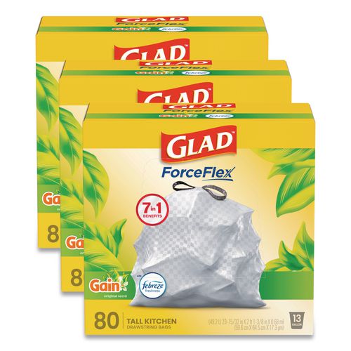 Glad ForceFlex Kitchen Drawstring Trash Bags, 13 gal, Gain Original Scent, 24" x 27.38", White, 80 Bags/Box, 3 Boxes/Carton
