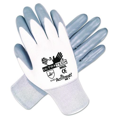 MCR Safety Ultra Tech Nitrile-Coated Gloves, EN388: 4121, Medium, White/Gray, 12 Pairs