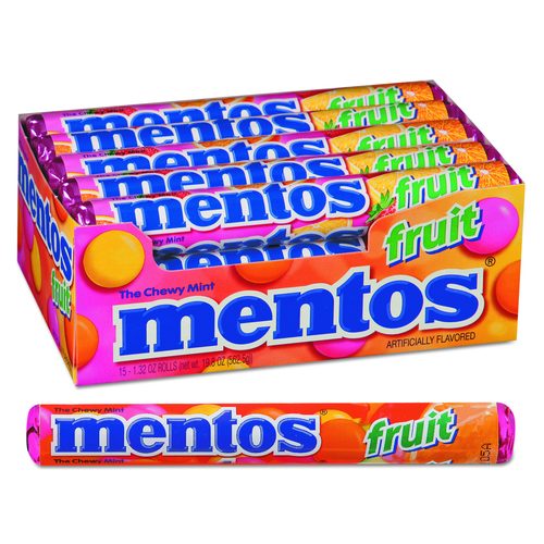 Mentos Chewy Mints, 1.32 oz, Mixed Fruit, 15 Rolls/Box