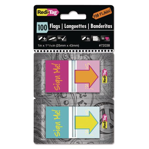 Redi-Tag Pop-Up Fab Page Flags w/Dispenser, "Sign Me!", Red/Orange, Teal/Yellow, 100/Pack