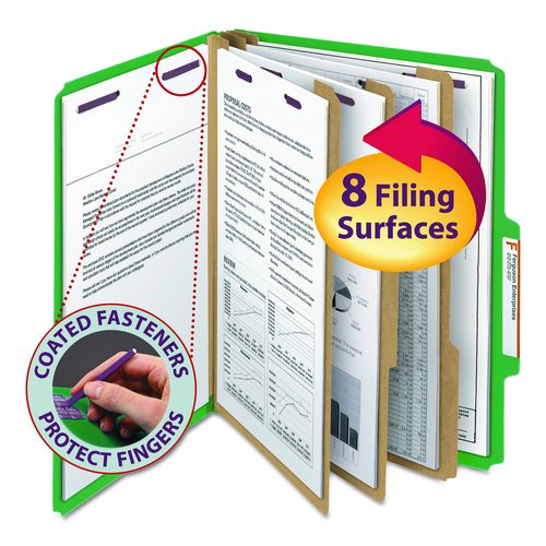 Smead Pressboard Top Tab Classification Folders, 2/5 Tab, Expands 3", 3 Dividers, 8 SafeSHIELD Fasteners, Letter Size, Green, 10/BX