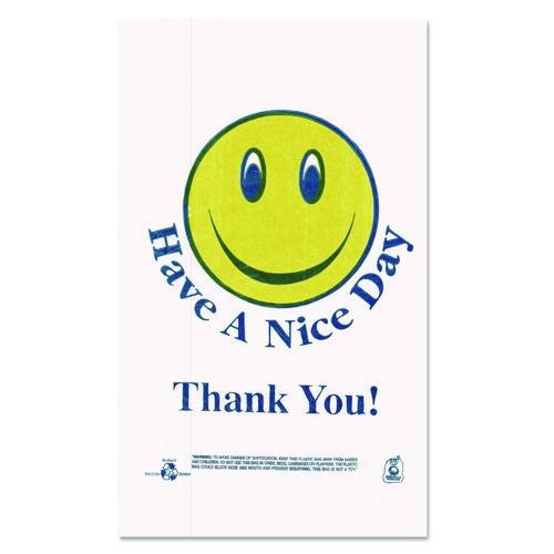 Barnes Paper Company Smiley Face Shopping Bags, Thank You - Have a Nice Day Labeling, Cut-Out Handles, 11.5" x 6.5" x 21", White/Red, 900/Carton
