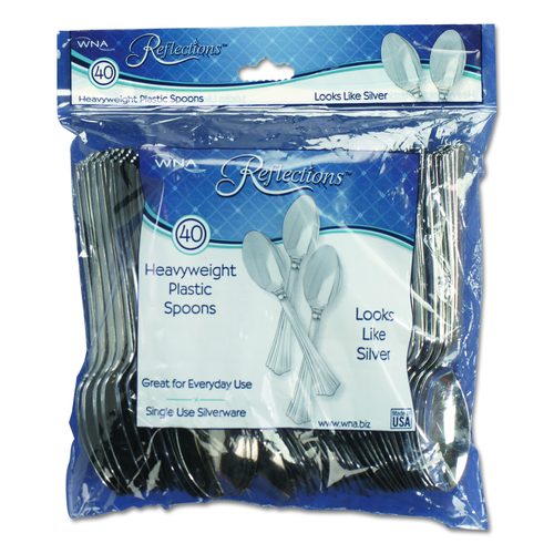 WNA Reflections Heavyweight Plastic Utensils, Spoon, Silver, 40/Pack