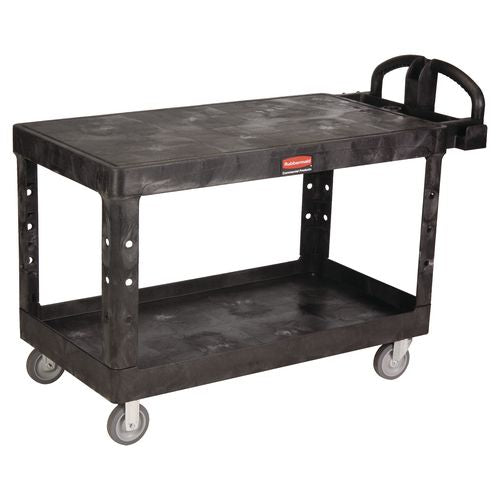 Rubbermaid Commercial Heavy-Duty Utility Cart with Flat Shelves, Plastic, 2 Shelves, 500 lb Capacity, 25.25" x 54" x 36", Black