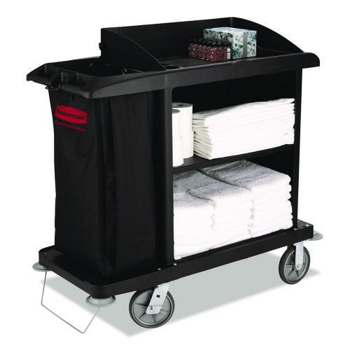 Rubbermaid Commercial Multi-Shelf Cleaning Cart, Plastic, 4 Shelves, 1 Bin, 22" x 49" x 50", Black