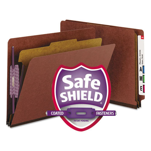 Smead End Tab Pressboard Classification Folders, Expands 2", 1 Divider, 4 SafeSHIELD Fasteners, Letter Size, Red, 10/Box