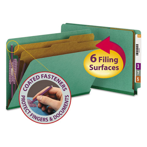 Smead End Tab Pressboard Classification Folders, Expands 2", 2 Dividers, 6 SafeSHIELD Fasteners, Legal Size, Green, 10/Box