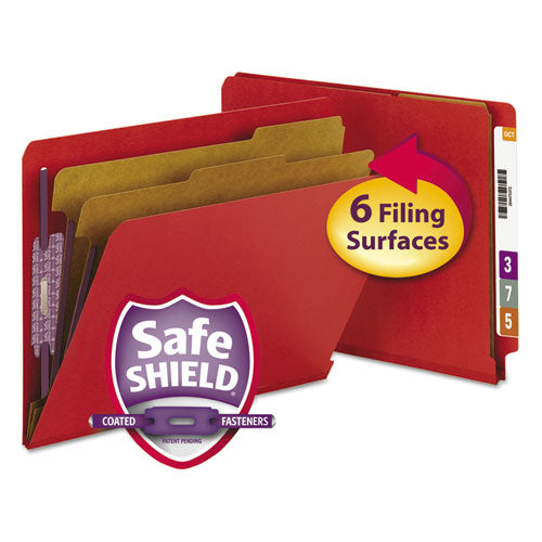 Smead End Tab Pressboard Classification Folders, Expands 2", 2 Dividers, 6 SafeSHIELD Fasteners, Letter Size, Bright Red, 10/Box