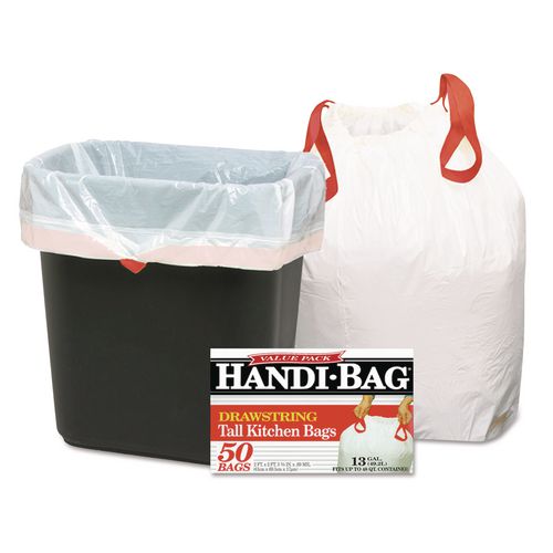 Handi-Bag Drawstring Kitchen Bags, 13 gal, 24" x 27.38", White, 50/Box