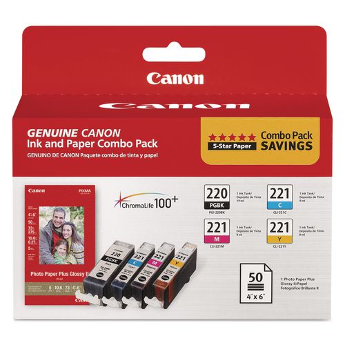 Canon 2945B011 (PGI-220/CLI-221) ChromaLife100+ Ink/Paper Combo, Black/Cyan/Magenta/Yellow