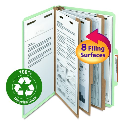 Smead Recycled Pressboard Classification Folders, 2/5-Cut Tab, Expands3", 3 Dividers, 8 Fasteners, Legal Size, Gray-Green, 10/Box