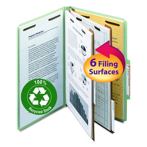 Smead Recycled Pressboard Classification Folders, 2/5-Cut Tab, Expands2", 2 Dividers, 6 Fasteners, Legal Size, Gray-Green, 10/Box
