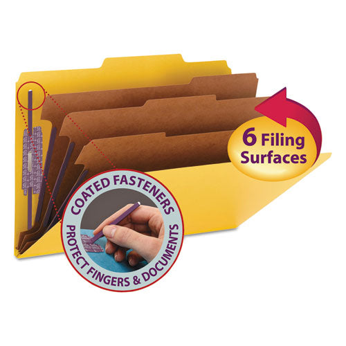 Smead Pressboard Top Tab Classification Folders, 2/5 Tab, Expands 3", 3 Dividers, 8 SafeSHIELD Fasteners, Legal Size, Yellow, 10/BX
