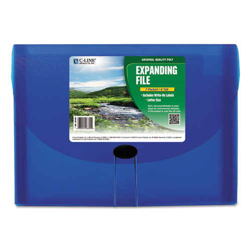 C-Line Expanding Files, 1.63" Expansion, 7 Sections, Cord/Hook Closure, 1/6-Cut Tabs, Letter Size, Blue