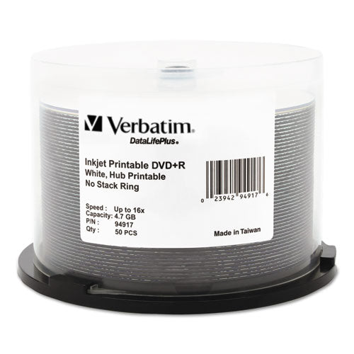 Verbatim DVD+R Recordable Disc, 4.7 GB, 16x, Spindle, Hub Printable, White, 50/Pack