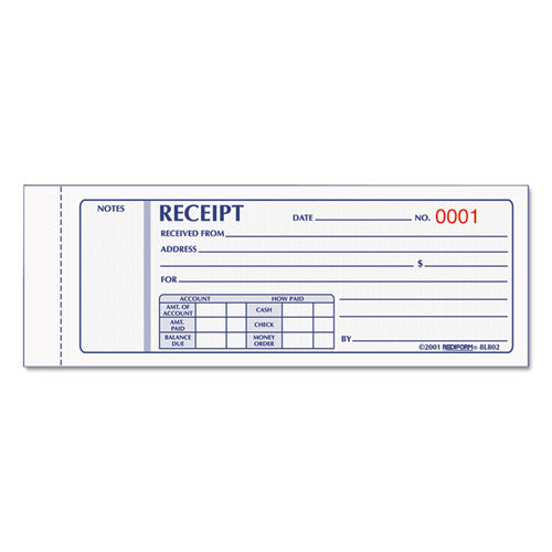 Rediform Receipt Book, Three-Part Carbonless, 7 x 2.75, 4 Forms/Sheet, 50 Forms Total