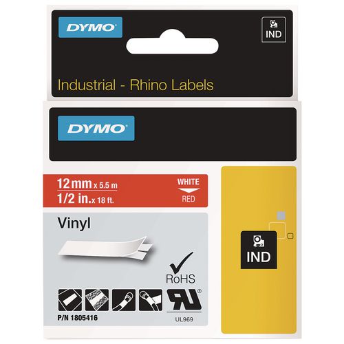 DYMO Rhino Permanent Vinyl Industrial Label Tape, 0.5" x 18 ft, Red/White Print