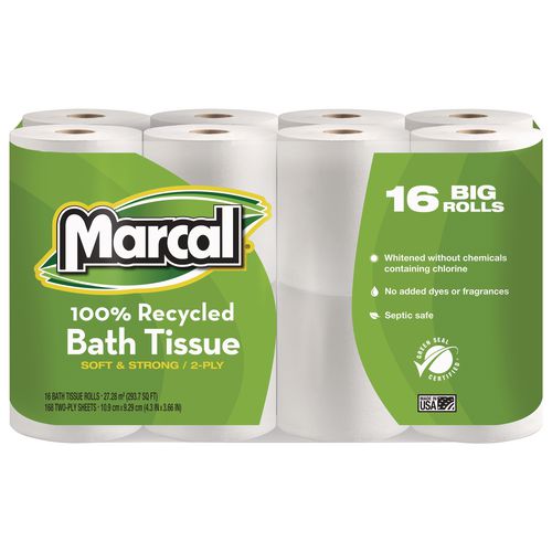Marcal 100% Recycled Two-Ply Bath Tissue, Septic Safe, White, 168 Sheets/Roll, 16 Rolls/Pack