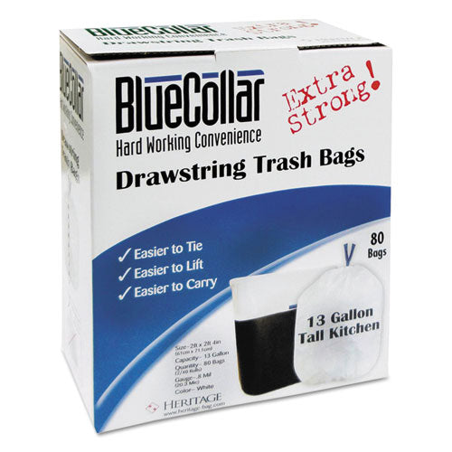 BlueCollar Drawstring Trash Bags, Drawstring, 13 gal, 24" x 28", White, 80 Bags/Box, 6 Boxes/Carton