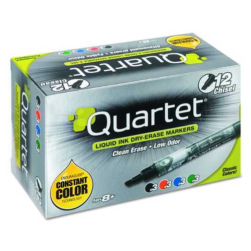 Quartet EnduraGlide Dry Erase Marker, Broad Chisel Tip, Four Assorted Colors, 12/Set
