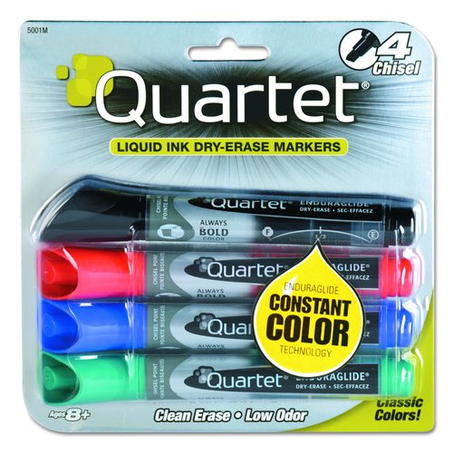 Quartet EnduraGlide Dry Erase Marker, Broad Chisel Tip, Assorted Colors, 4/Set