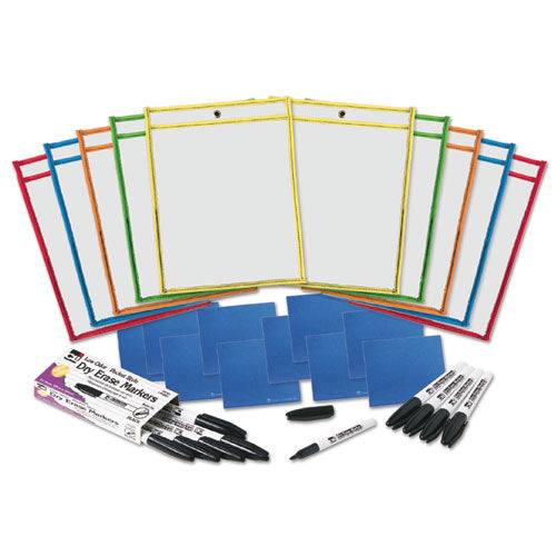 Charles Leonard Dry Erase Pocket Class Pack, Heavy-Duty, Side Load 9 x 12 Insert, Clear Front, Assorted Border Colors, 10/Pack