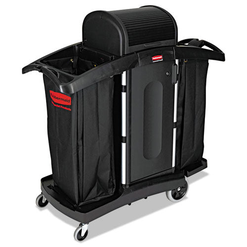 Rubbermaid Commercial High-Security Housekeeping Cart, Plastic, 3 Shelves, 2 Bins, 22" x 51.75" x 53.5", Black/Silver