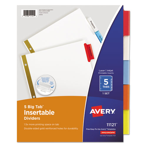 Avery Insertable Big Tab Dividers, 5-Tab, Double-Sided Gold Edge Reinforcing, 11 x 8.5, White, Assorted Tabs, 1 Set