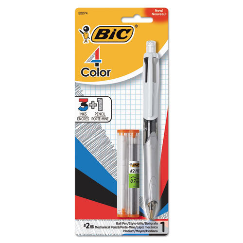 BIC 4-Color 3 + 1 Ballpoint Pen/Pencil, Retractable, Medium 1 mm Pen/0.7 mm Pencil, Black/Blue/Red Ink, Gray/White Barrel