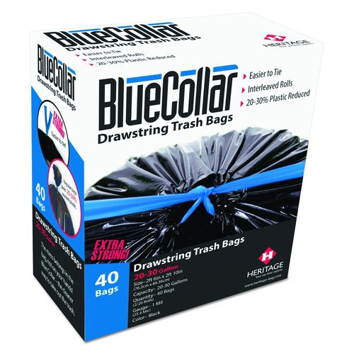 BlueCollar Drawstring Trash Bags, Drawstring, 30 gal, 1 mil, 30" x 34", Black, 20 Bags/Roll, 2 Rolls/Box