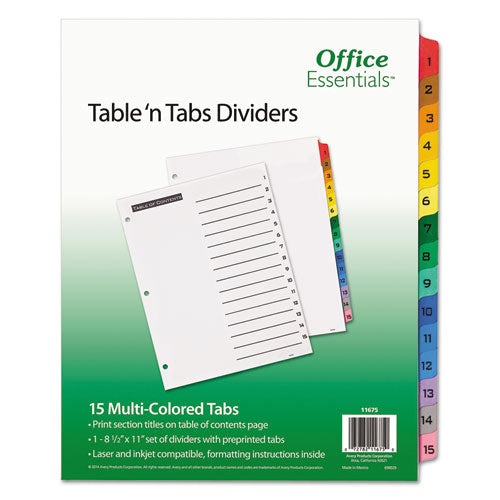 Office Essentials Table 'n Tabs Dividers, 15-Tab, 1 to 15, 11 x 8.5, White, Assorted Tabs, 1 Set