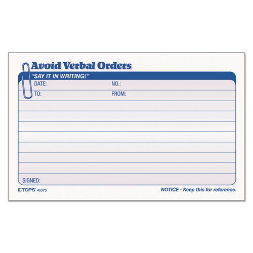 TOPS Avoid Verbal Orders Manifold Book, Two-Part Carbonless, 6.25 x 4.25, 50 Forms Total