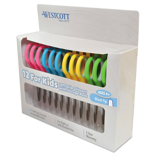 Westcott Soft Handle Kids Scissors, Rounded Tip, 5" Long, 1.75" Cut Length, Straight Assorted Color Handles, 12/Pack