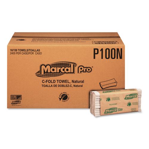 Marcal PRO 100% Recycled Folded Paper Towels, 1-Ply, 12.88 x 10.13, Natural, 150/Pack, 16 Packs/Carton