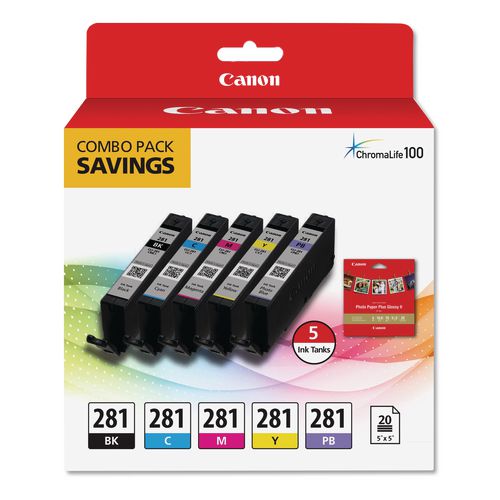Canon 2091C006 (CLI-281) ChromaLife100 Ink/Paper Combo, Black/Blue/Cyan/Magenta/Yellow