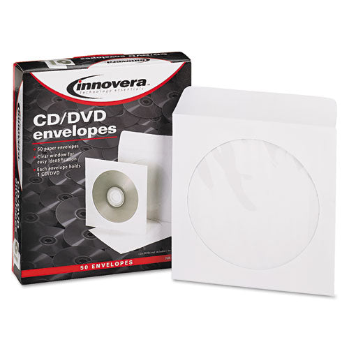 Innovera CD/DVD Envelopes, Clear Window, 1 Disc Capacity, White, 50/Pack