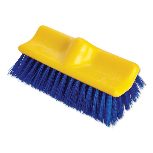 Rubbermaid Commercial Bi-Level Deck Scrub Brush, Blue Polypropylene Bristles, 10" Brush, 10" Plastic Block, Threaded Hole