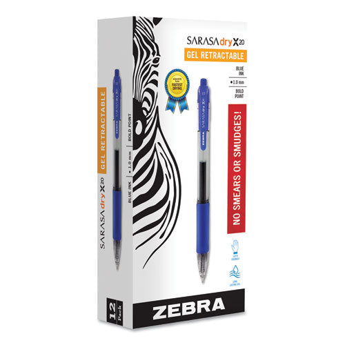 Zebra Sarasa Dry Gel X20 Gel Pen, Retractable, Bold 1 mm, Blue Ink, Clear/Blue Barrel, 12/Pack