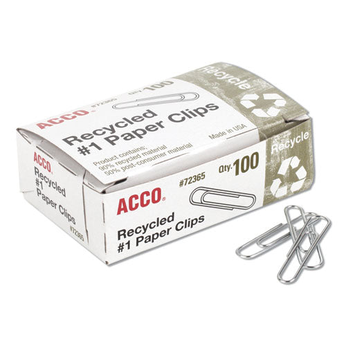 ACCO Recycled Paper Clips, #1, Smooth, Silver, 100 Clips/Box, 10 Boxes/Pack