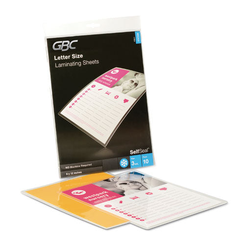 GBC SelfSeal Self-Adhesive Laminating Pouches and Single-Sided Sheets, 3 mil, 9" x 12", Gloss Clear, 10/Pack
