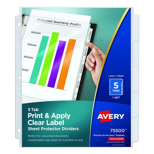 Avery Print and Apply Index Maker Clear Label Sheet Protector Dividers with White Tabs, 5-Tab, 11 x 8.5, White, 1 Set