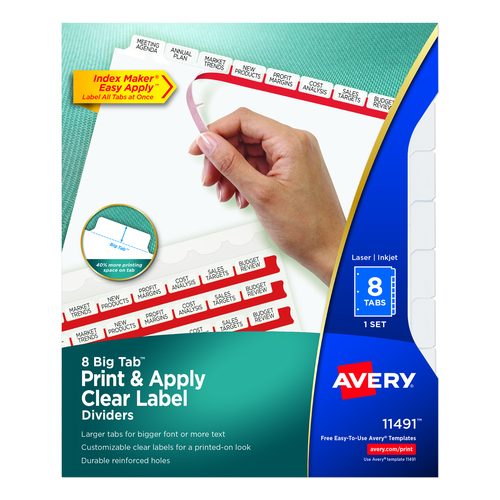 Avery Print and Apply Index Maker Clear Label Dividers, Big Tab, 8-Tab, 11 x 8.5, White, 1 Set