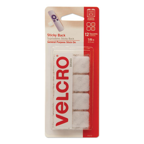 VELCRO Brand Sticky-Back Fasteners, Removable Adhesive, 0.88" x 0.88", White, 12/Pack