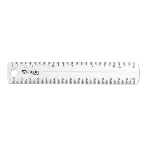 Westcott Transparent Shatter-Resistant Plastic Ruler, Standard/Metric, 6" Long, Clear