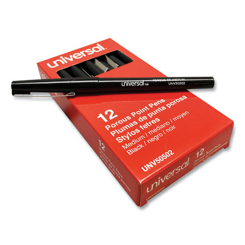 Universal Porous Point Pen, Stick, Medium 0.7 mm, Black Ink, Black Barrel, Dozen
