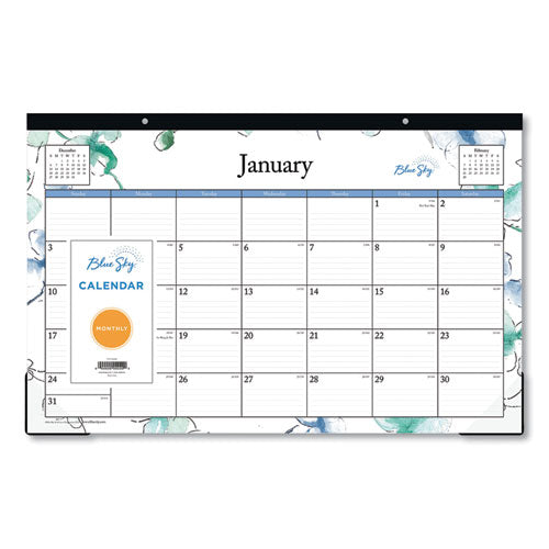 Blue Sky Lindley Desk Pad, Floral Artwork, 17 x 11, White/Blue/Green Sheets, Black Binding, Clear Corners, 12-Month (Jan to Dec): 2026